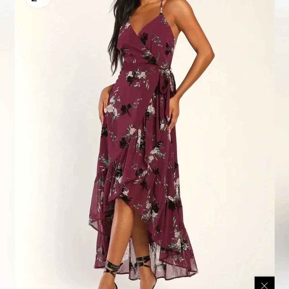 LULUS Life of Romance Plum Purple Floral Print Ruffled High-Low Dress Xs